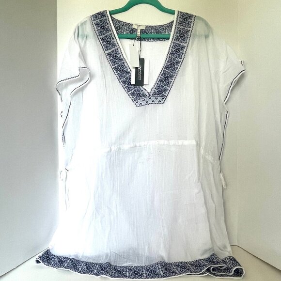 Joie Tunic Beach Dress Coverup M/L White V-Neck Blue Embroidered Cotton Summer - Picture 3 of 11